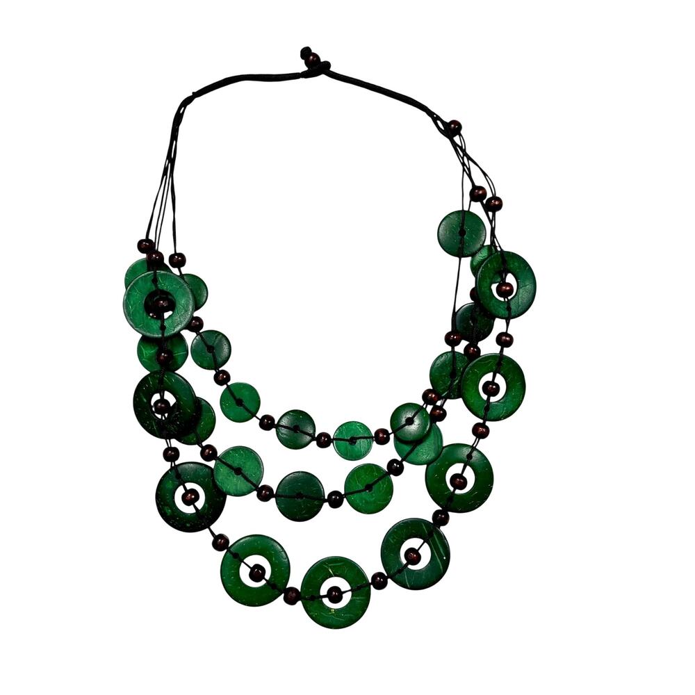 Vintage 1970s Triple Strand Wood Bead Necklace Green Disc Brown Sphere Boho 24"